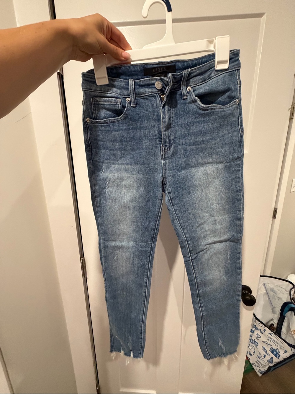 Light Blue Skinny Jeans with Frayed Hem - Women's